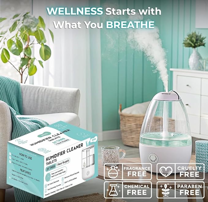 24 pack Humidifier Cleaning Tablets, Diffuser Cleaner for Stains, Residue & Mineral Deposits, Improves Mist Flow & Device Care, Simple Drop-In Formula