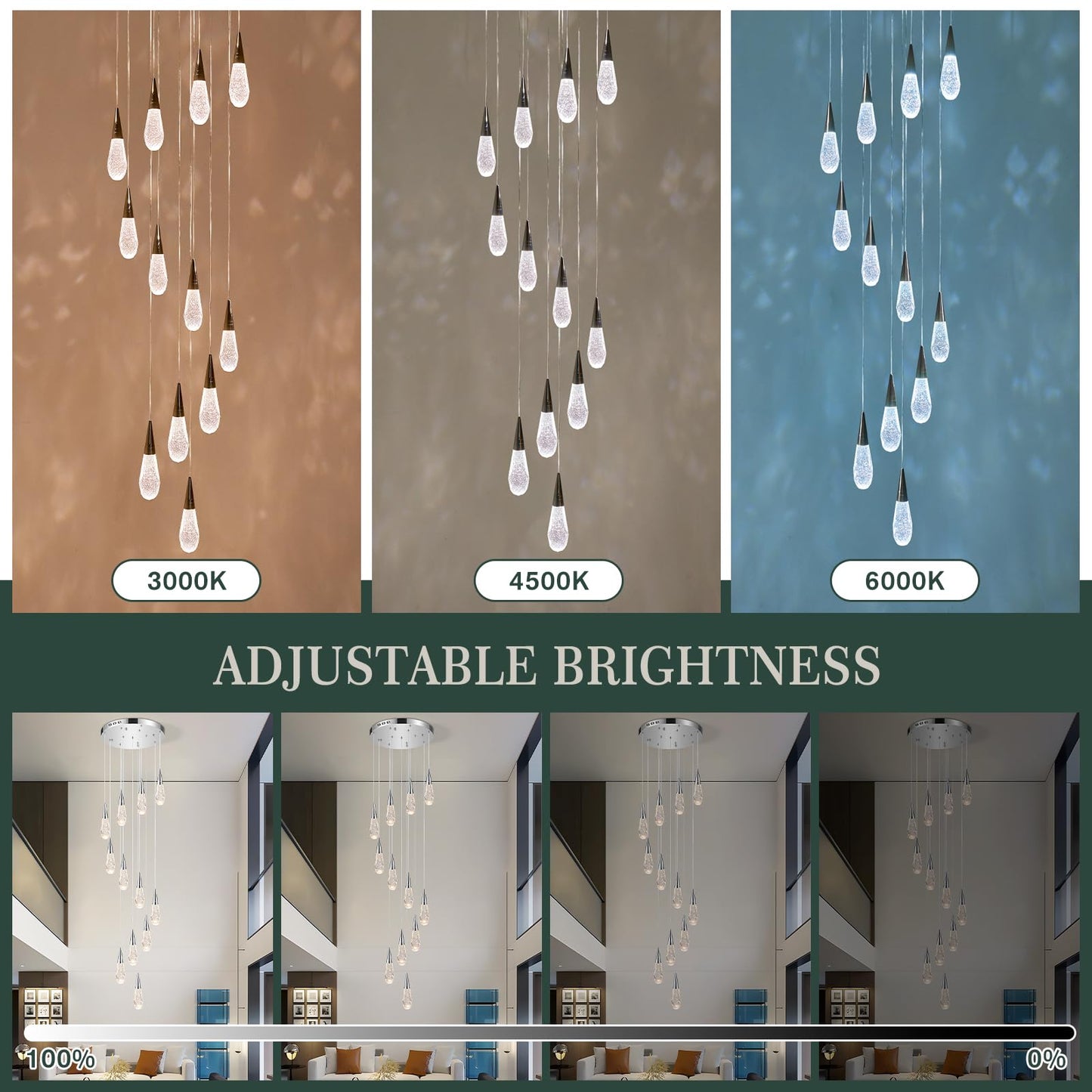 BaiZhou 12-Light Modern Crystal Chandeliers 3-Way Dimmable Long Pendant High Ceiling Bubble Raindrop Lighting Fixture for Staircase Foyer Entryway Bedroom Hallway Chrome