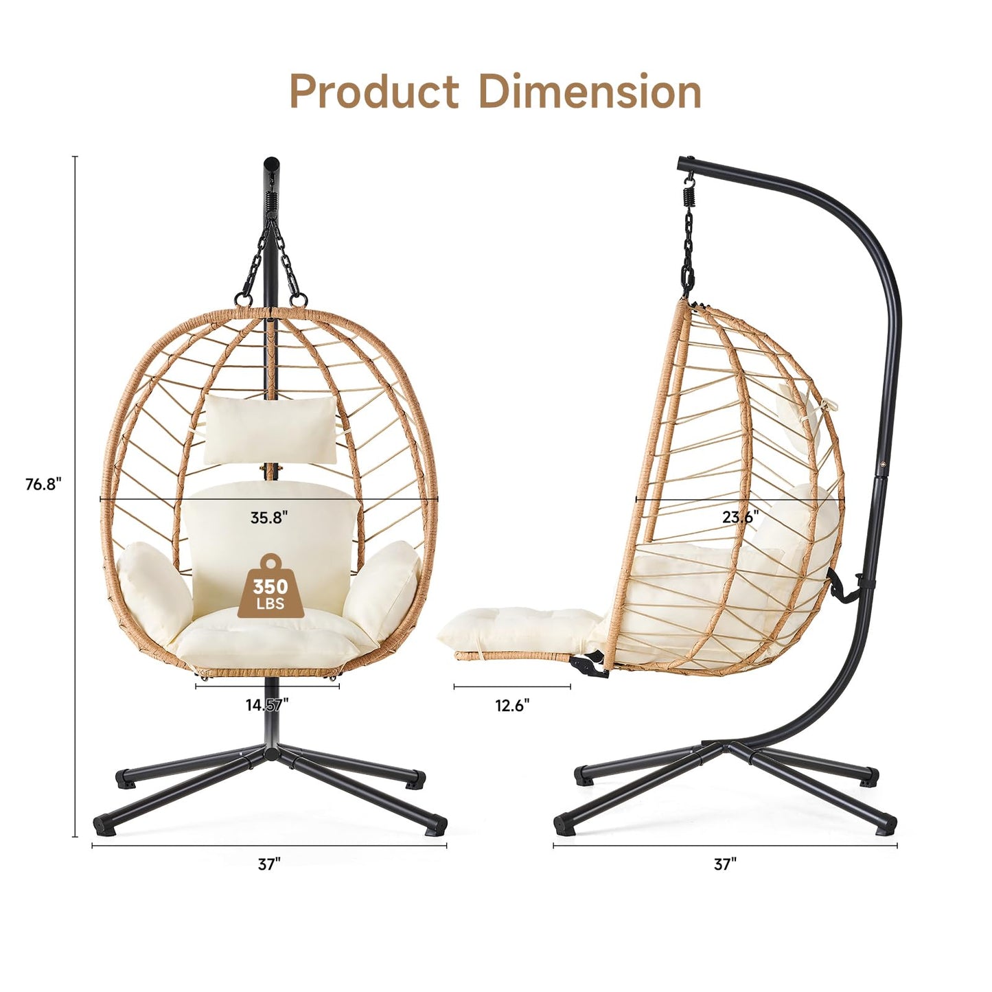 ONBRILL Hanging Egg Chair with Adjustable Footrest & Stand, Wicker Rattan Swing Hammock Chair with Cushion & Double Chains, 350LBS Capacity for Outdoor & Indoor Patio, Deck, Bedroom, Balcony (YE-BE)
