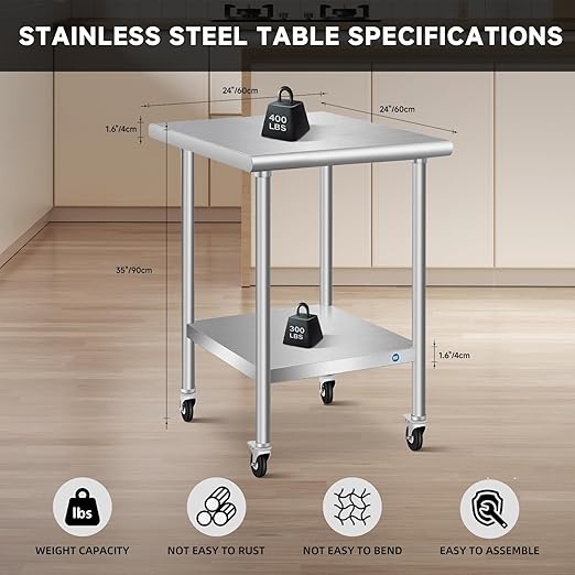 PIUMACU Stainless Steel Table with Wheels, 24 x 24 Inch Stainless Table for Prep & Work, Commercial NSF Steel Metal Table for Restaurant Kitchen Hotel Garage
