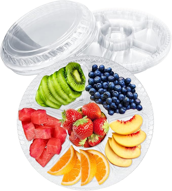 Tiaiidi 12 Pack Plastic Appetizer Trays with Lids,Disposable Compartment Serving Platters,6 Sectional Catering Trays for S...