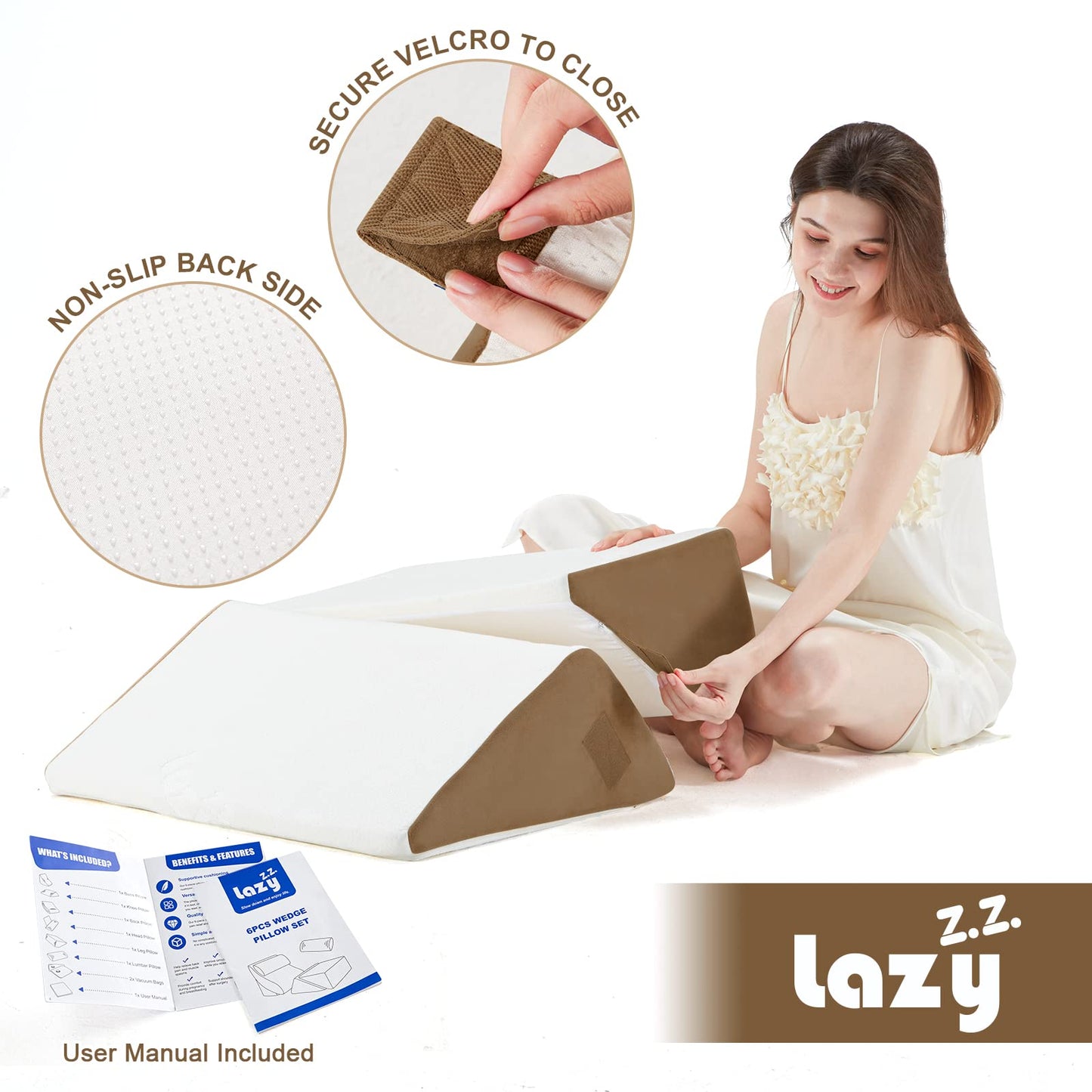 Lazyzizi 6pcs Orthopedic Bed Wedge Pillow Set, Memory Foam Wedge Pillow for Sleeping, Knee, Lumbar and Back Pain Relief Adjustable Bed Pillow - Acid Reflux, Anti Snoring & GERD Sleeping, Brown