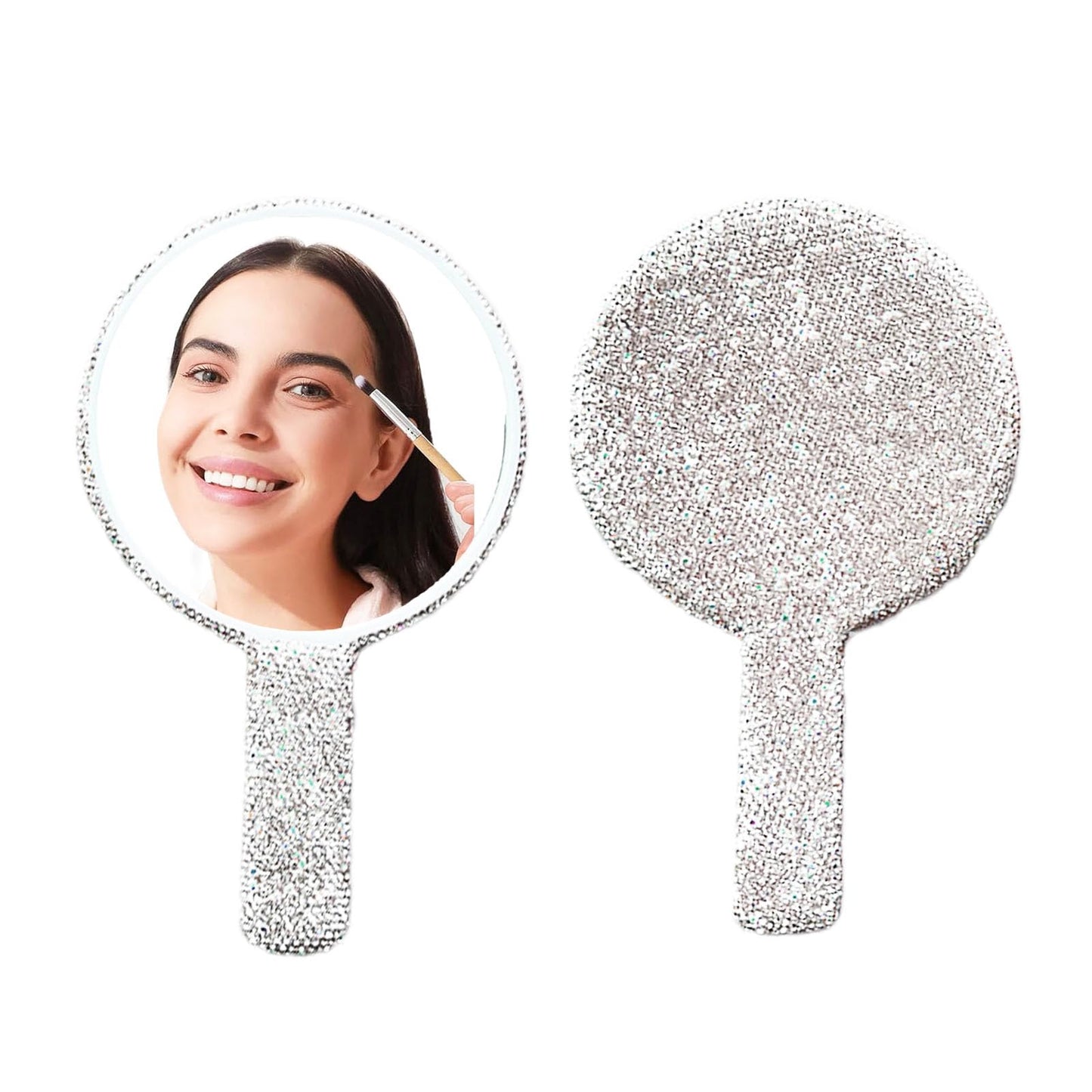 Frinnovan Large Rhinestone Handheld Mirror Bling Glitter Cosmetic Dazzling Portable Hand Mirrors with Handle for Women Wedding S