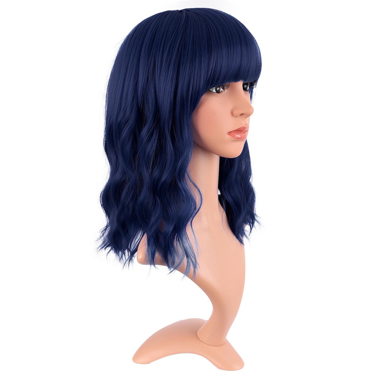 MapofBeauty 14 Inch/35 cm Short Wavy Curly Women Fresh Bright Synthetic Ordinary Flat Bangs Bob Wig (Midnight Blue)