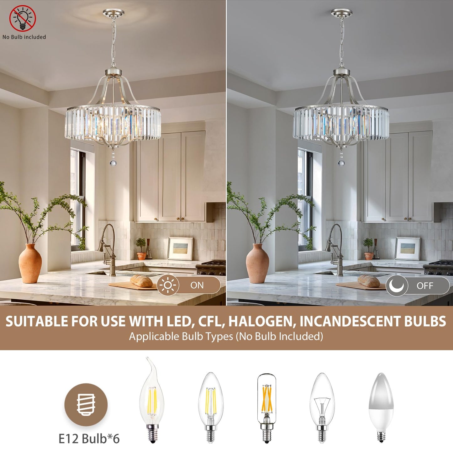 peskoe Modern Crystal Chandeliers Round 6-Light Large Brushed Nickel Pendant Lighting Fixture for Dining Room Living Room Kitchen Island Bedroom Hallway 21.7" Adjustable Height Hanging Lamp
