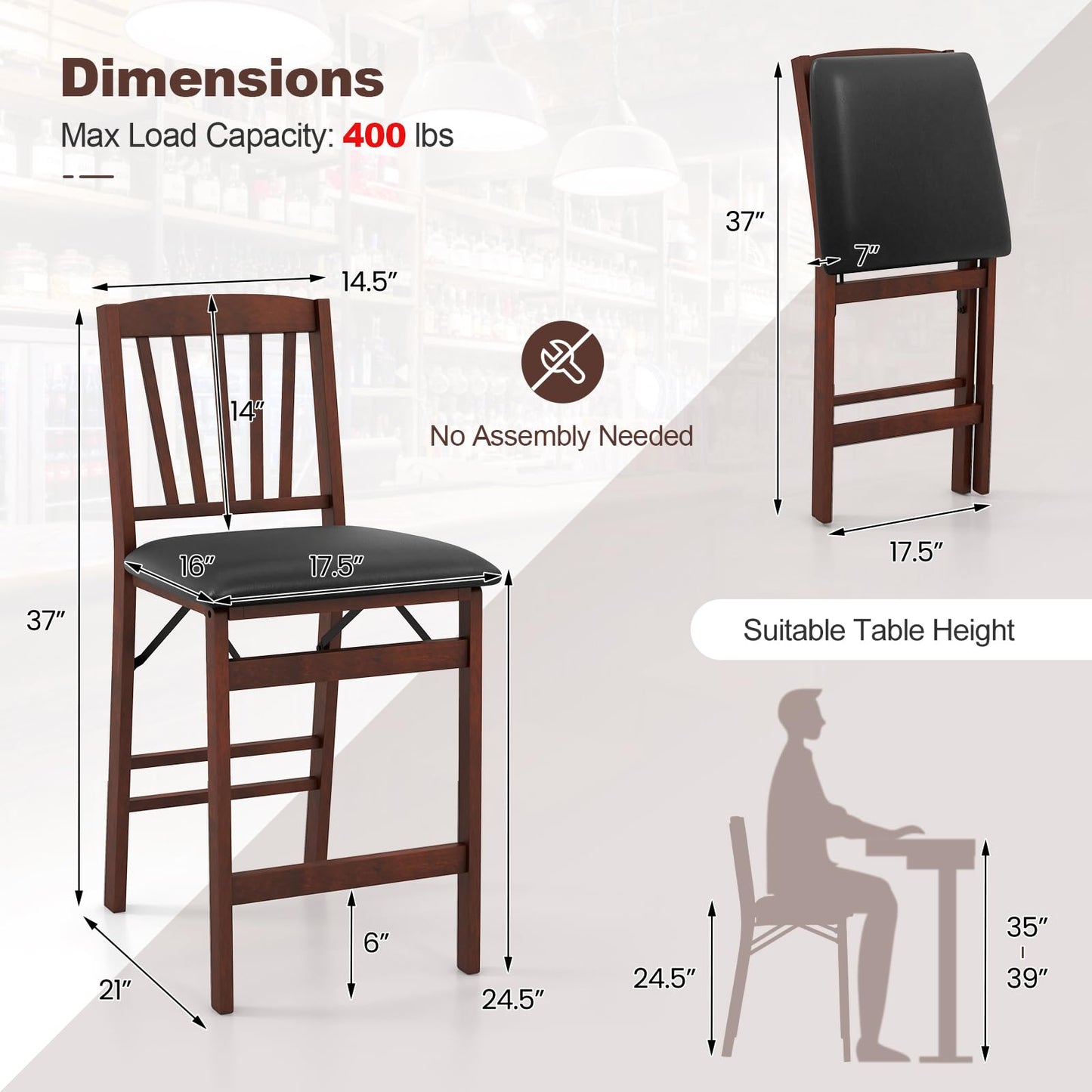 COSTWAY Set of 2 Counter Height Chairs, 24.5" Bar Stools Set, Folding Kitchen Island Stool with Padded Seat, Footrest & Rubber Wood Legs, No Assembly Needed, Portable Bar Chair for Dining Room