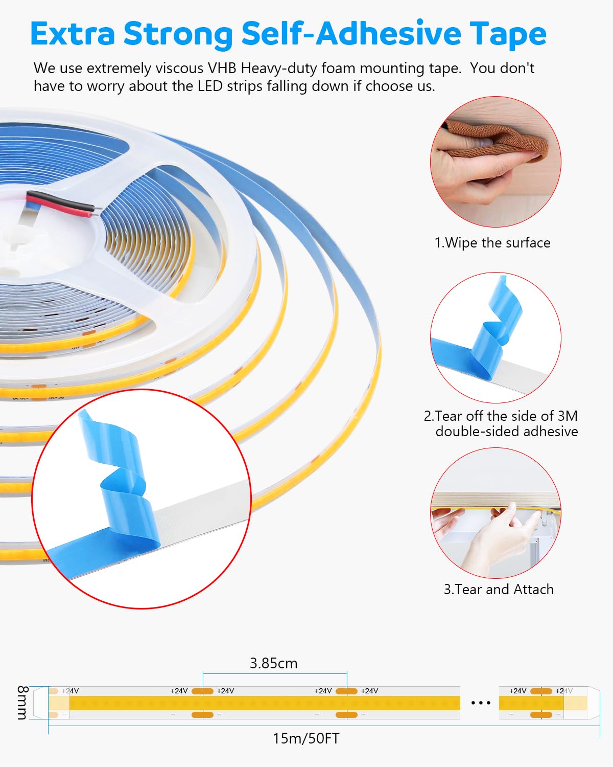 Aclorol COB Led Strip Lights 24V 50FT Led Rope Lights for Bedroom Warm White 3000K 320Leds/m CRI85+ Flexible LED Tape Lighting for Party Home Indoor Decor 15M (Power Supply & LED Dimmer Not Included)…