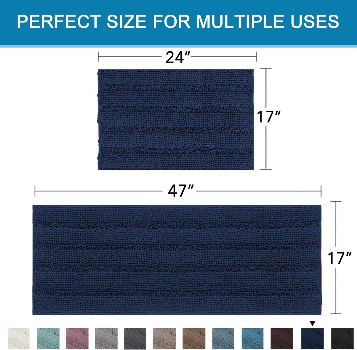 H.VERSAILTEX 2 Piece Bathroom Set - Super Absorbent Chenille Striped Bath Mats, Non Skid, Machine Washable - Navy, 47 x 17 Plus 17 x 24 Inches