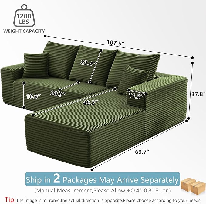 107" W Cloud Sectional Couch with L-Shape Chaise, Modern Corduroy Boneless Couch for Living Room,Memory Foam Sofa with Deep Seat,No Assembly Required (Green,Right-Facing Chaise)