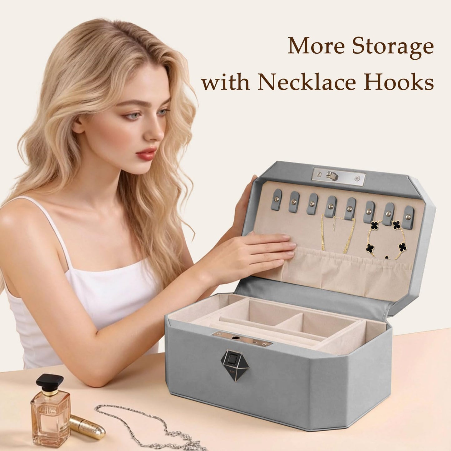 VALINIRT Jewelry Safe，Biometric Fingerprint safe, Leather Wrapped Jewelry Box with Lock, Quick-Access & Keyless Entry(Two-Tier Gray)