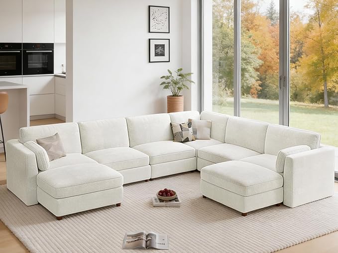 CUGOAO 159'' Modular Sectional Sofa, 8-Seater Oversized U-Shaped Sectional Couch with Ottoman, Deep Seat Chenille Cloud Couch, Mordern Upholstered Couches for Living Room, Apartment, Office, Beige