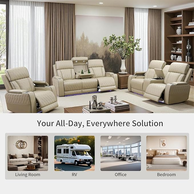 Toseslo Power Recliner Sofa and Loveseat Set, Beige Leather Reclining Sofa Sectional Couches with Drop-Down Table, Living Room Furniture, Reclining Sofa with Cup Holders/Storage Console for House