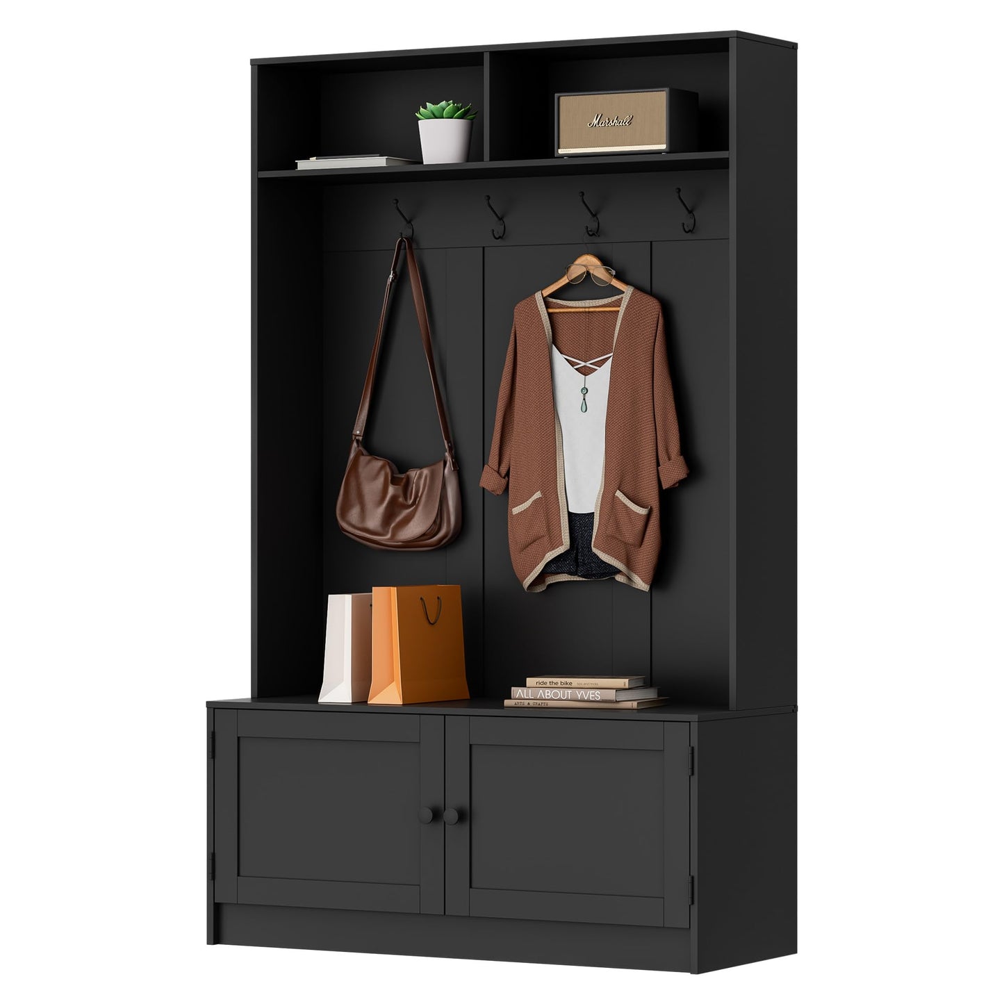 MHOM Black Hall Tree with Storage, 65" Tall Entryway Bench with Shoe Storage, Coat Rack and Top Shelf, Freestanding Wooden Hall Tree with Bench for Entryway, and Hallway