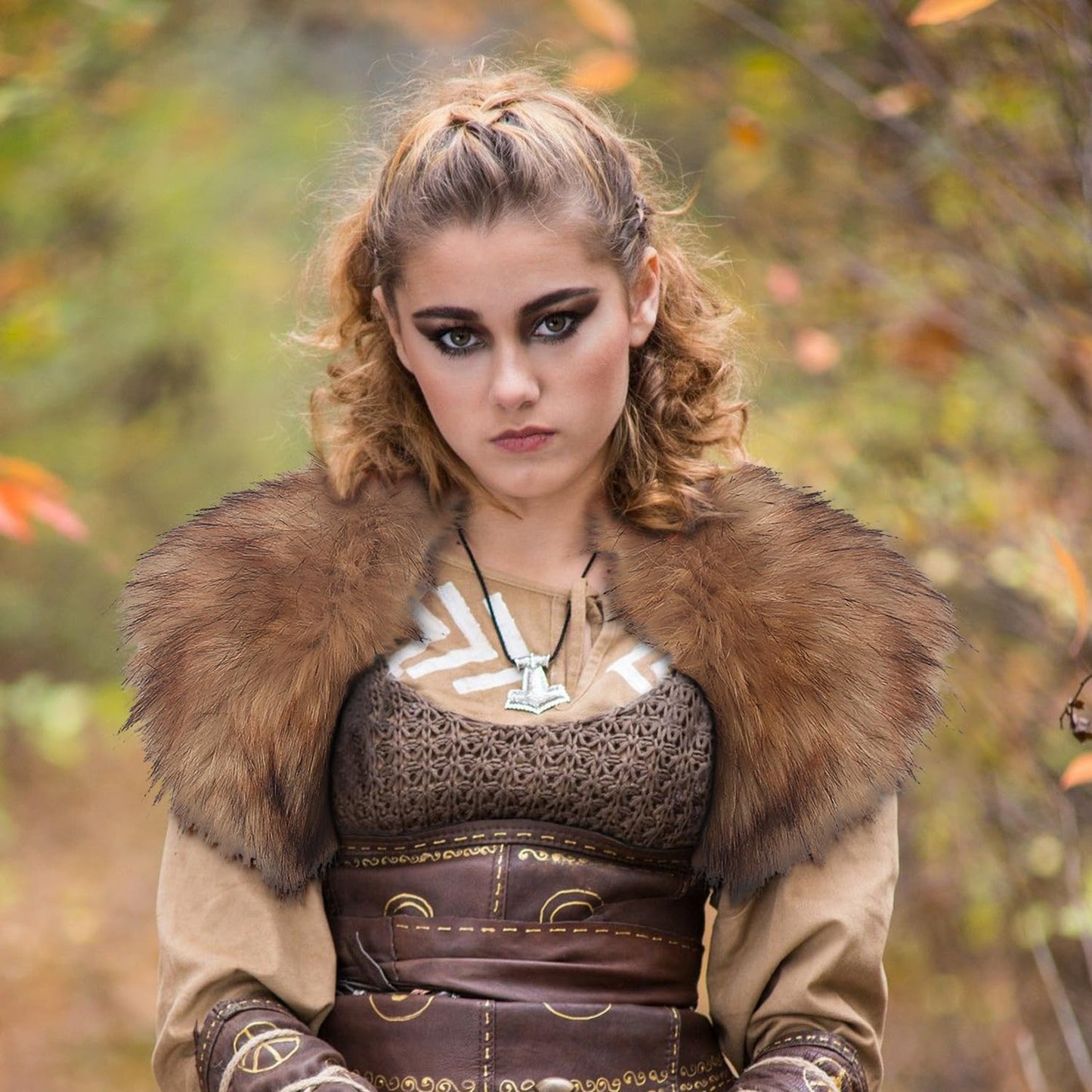 L'VOW Viking Faux Fur Collar Shawl Shoulder Fur Wrap Scarf Warrior Pirate Cosplay Costume Halloween Accessory for Women(Brown)