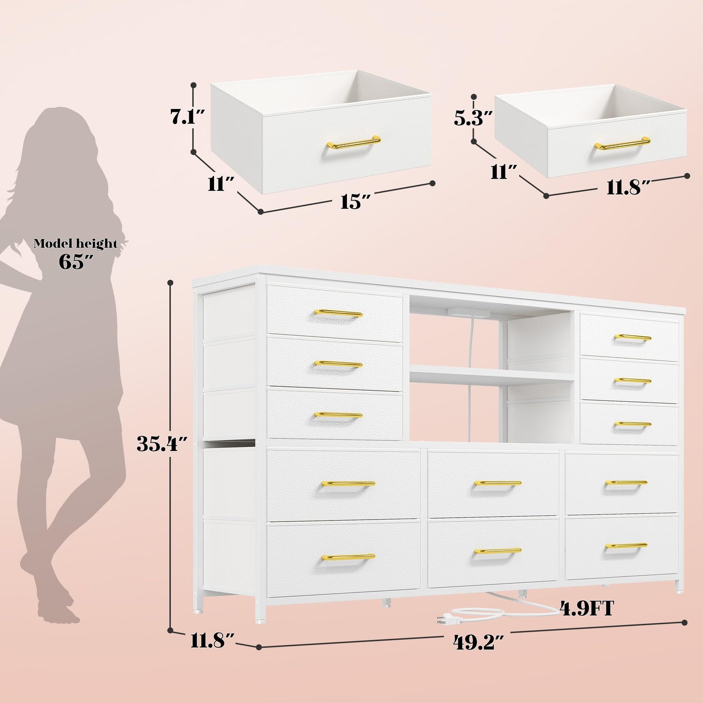 EnHomee White Dresser for Bedroom with 12 Drawers, Fabric Bedroom Dresser with LED Lights & Power Outlets Long Dressers & Chest of Drawers, Sturdy Metal Frame for Closet, Living Room, Hallway