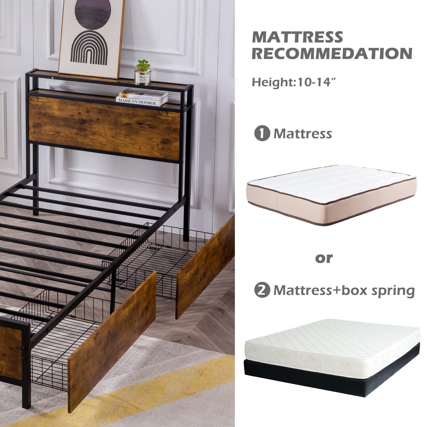 GAZHOME Twin Size Bed Frame with 2 Storage Drawers, Platform Bedframe with Storage Headboard, Strong Metal Slat Support/No Box Spring Needed/Easy Assembly/Space Saving