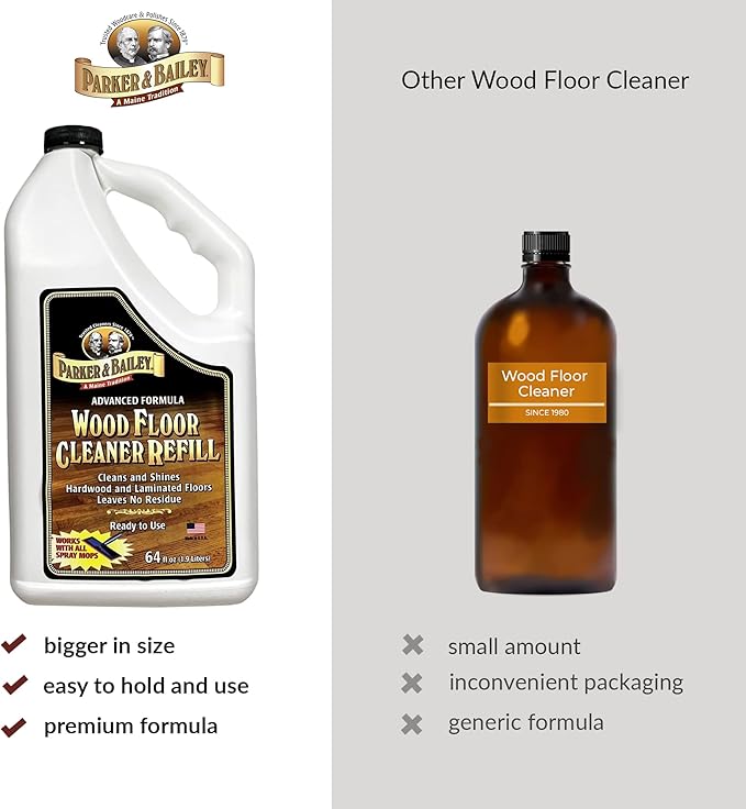 Parker & Bailey Wood Floor Cleaner – Use on Hardwood, Laminated or Faux Finished Floors. Shine Restorer Protector, Surface Cleaner Supplies Home Improvement, Natural Look, Cuts Grease, 64oz