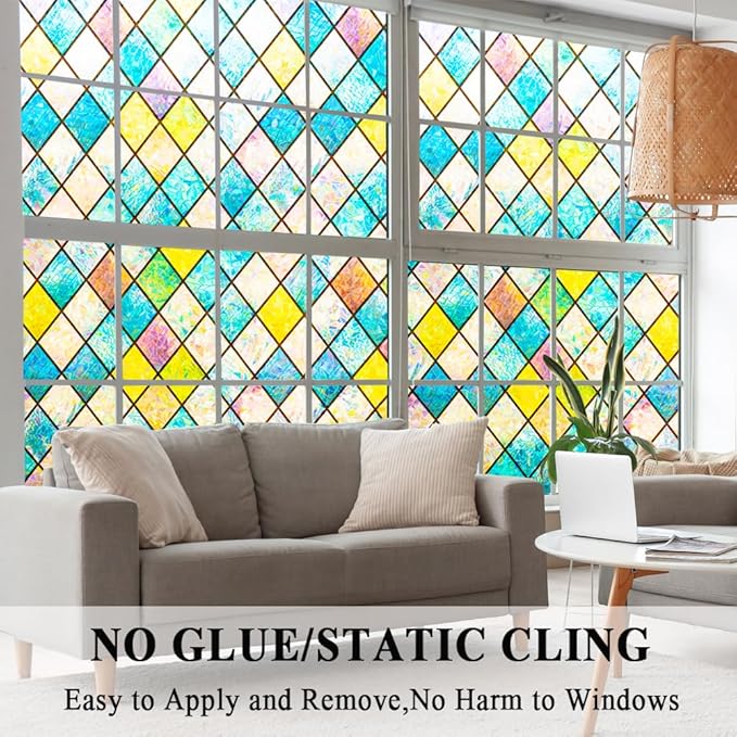 Colorful Stained Glass Window Film 3D Prism Sliding Door Privacy Covering Static Cling Church Tint Decorative Suncatcher Cover Decal No Glue Heat Cotrol Anti Glare Removable Home Office,17.5x157in.