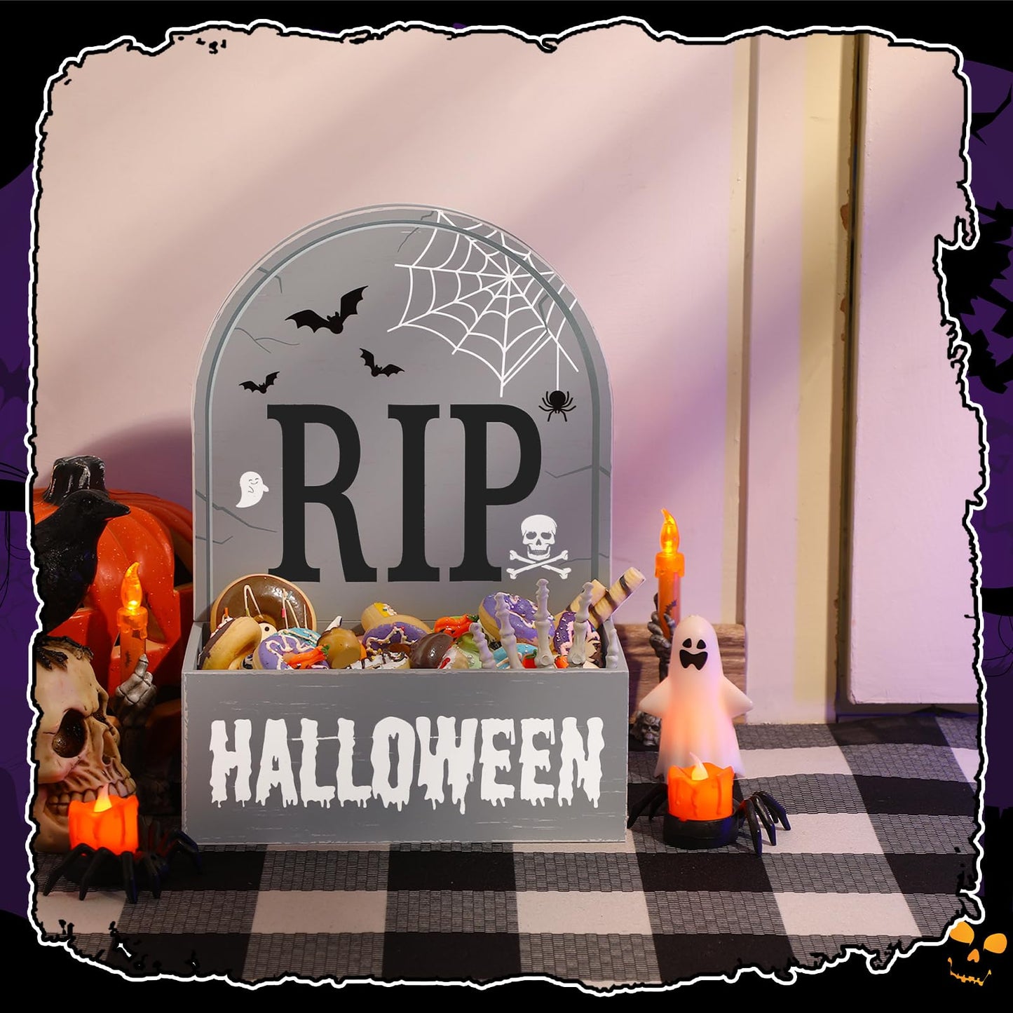 Sintuff Halloween Candy Bowl Wooden Funny Candy Dish Trick or Treat Large Halloween Serving Dish Holders Wood Serving Bowl Tableware for Table Desk Haunted House Decoration (Gravestone Rip)