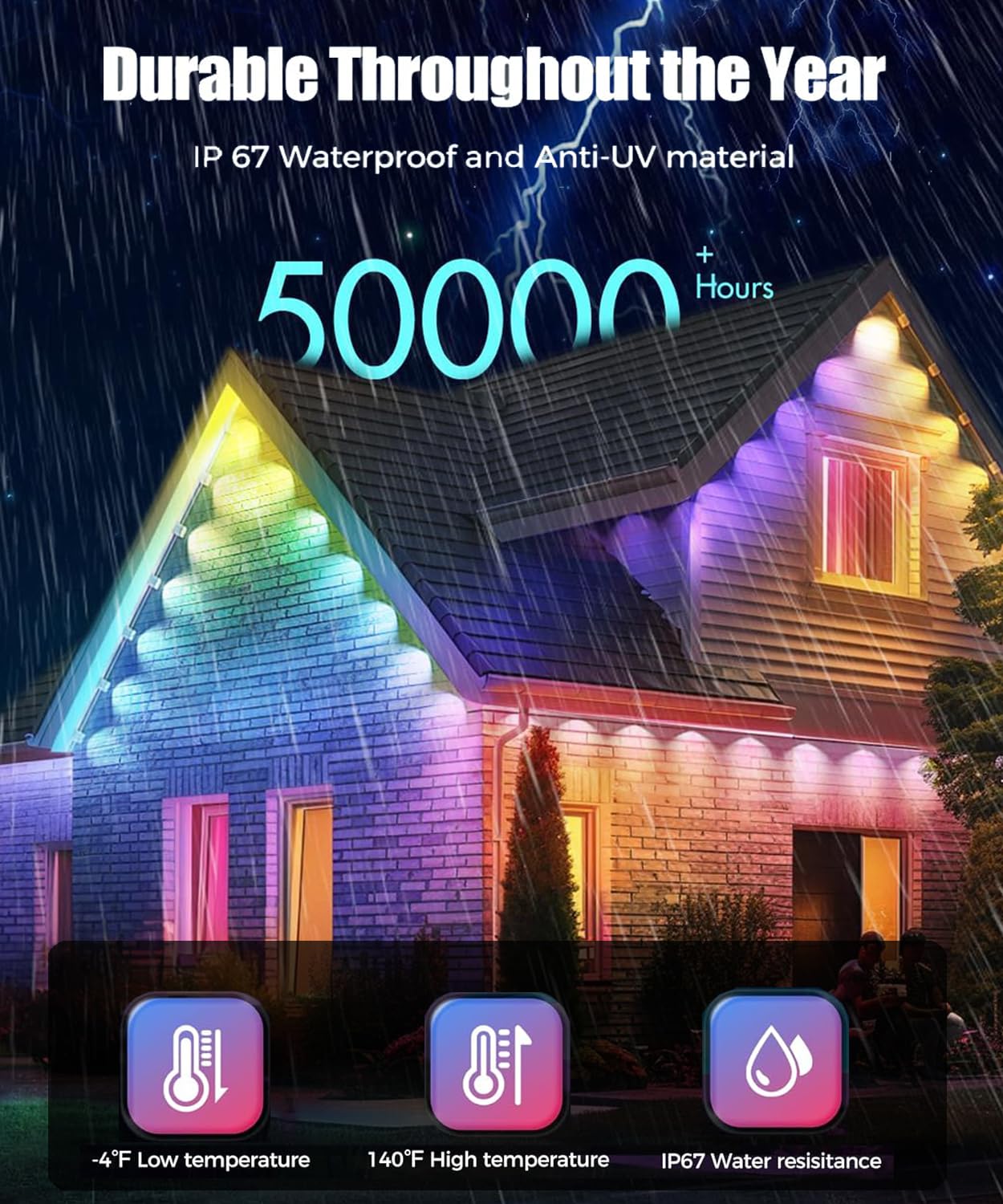 Permanent Outdoor Lights for House,100ft RGB+IC Smart Outdoor Decor,DIY Scene Modes, App/Remote Control,IP67 Waterproof, for Christmas,Holiday, Daily & Pool Party Decor, House Roof Lighting