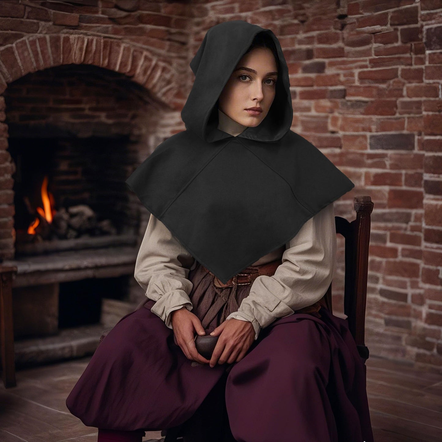 Retro Medieval Hooded Cape for Halloween Cosplay - Compact Renaissance Costume Accessory for Women & Men (Black)