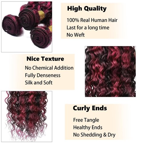 Fabimiya 16 18 20 inch Burgundy P1B/99J Deep Wave Human Hair Bundles Wine Red Human Hair Bundles Unprocessed Burgundy Soft Sewn In Hair with Double Weft for Black Women