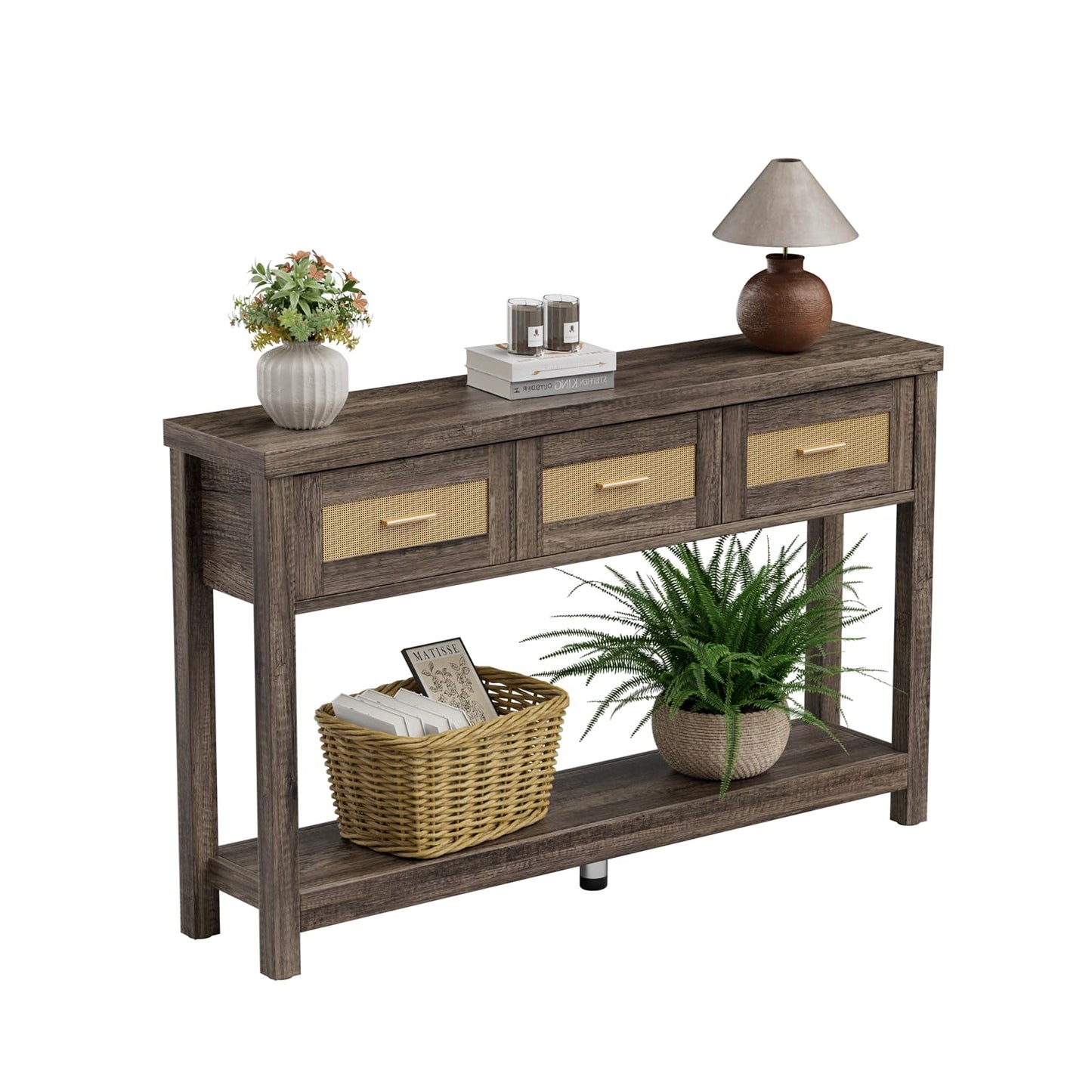 Alaxgumrol 51.2" Console Table, Industrial 2-Tier Narrow Sofa Table Entryway Table with 3 Drawers, Wood Accent Tables with Storage Shelf for Living Room, Hallway, Foyer, Entrance Bedroom Gray Oak