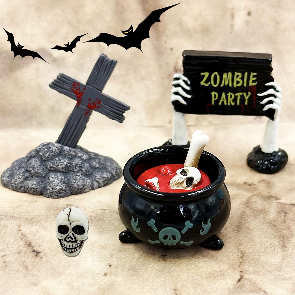 Halloween Miniature Figurines - 18Pcs Resin Ghost Tombstones Skull Heads Scene Ornaments Halloween Garden Accessories Mini Figurine Decorations for Outdoor Statues Home Village Crafts Decor