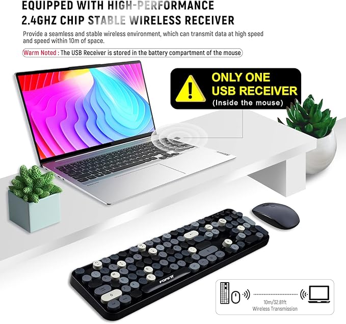FOPETT Keyboard and Mouse Sets Wireless Keyboard and Mouse Sets,Reliable 2.4 GHz Connectivity for PC,Laptop,Smart TV and More (Grey Colorful)