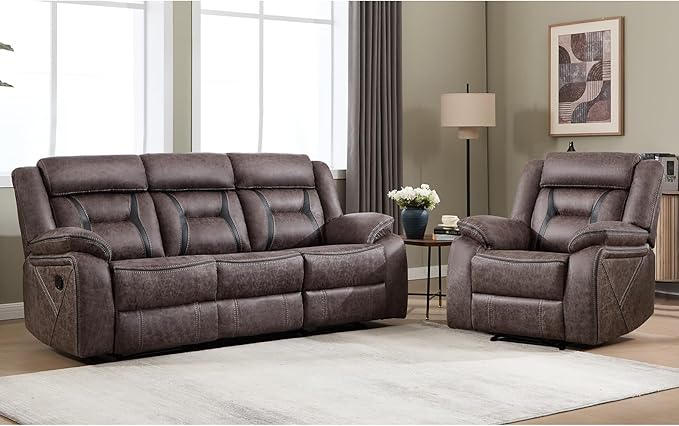 EBELLO Manual Recliner Sofa Set, Faux Leather Reclining Living Room Furniture Set, Included Recliner Chair and 3 Seat Manual Recline Sofa, Grey