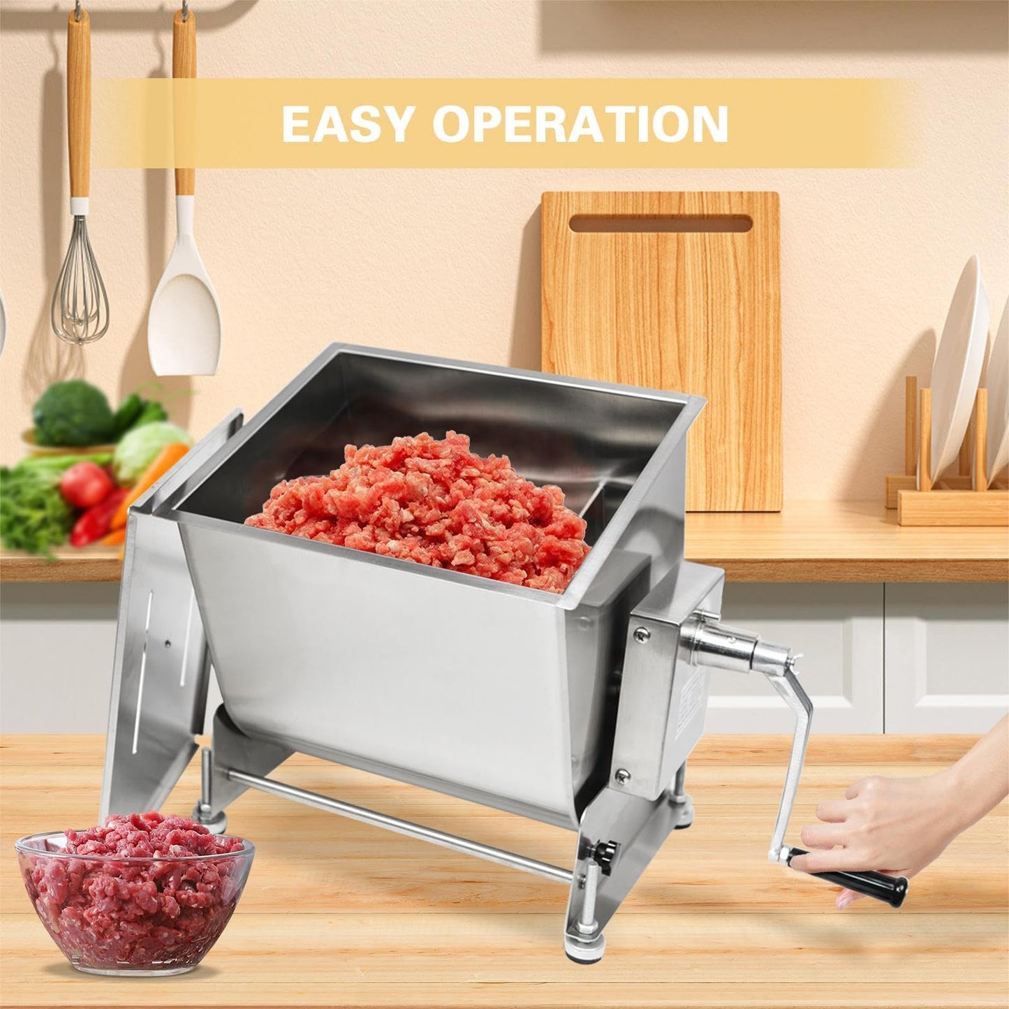 CLIVIA Manual Meat Mixer, 60 Pound Meat Mixer for Sausage, 60lbs Capacity Tilt Tank Sausage Mixer, Stainless Steel Commercial Food Processer for Meat, Vegetable, Burger, Dumplings