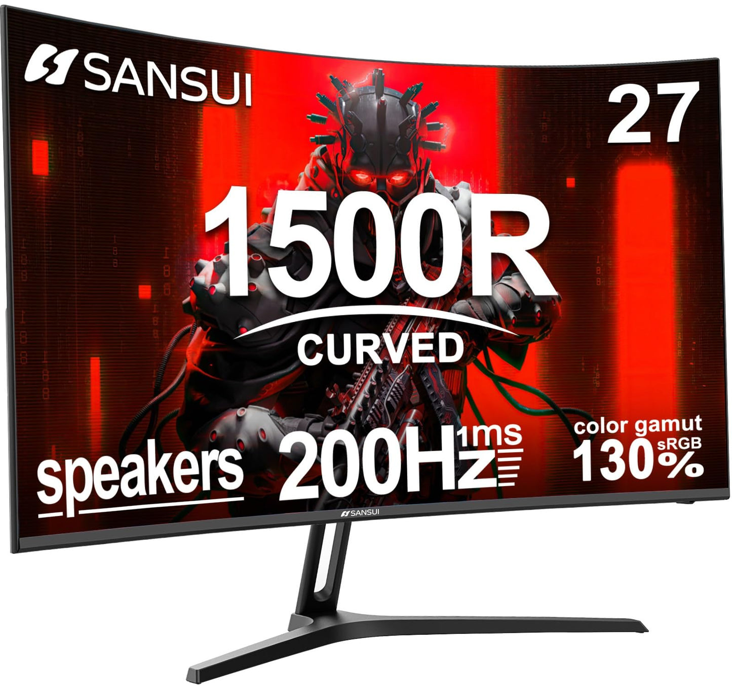 SANSUI 27 Inch Curved Gaming Monitor 200Hz 1ms with Speakers FHD 1080P Computer Monitor FreeSync|1500R|130% sRGB|HDR|Low Blue Li