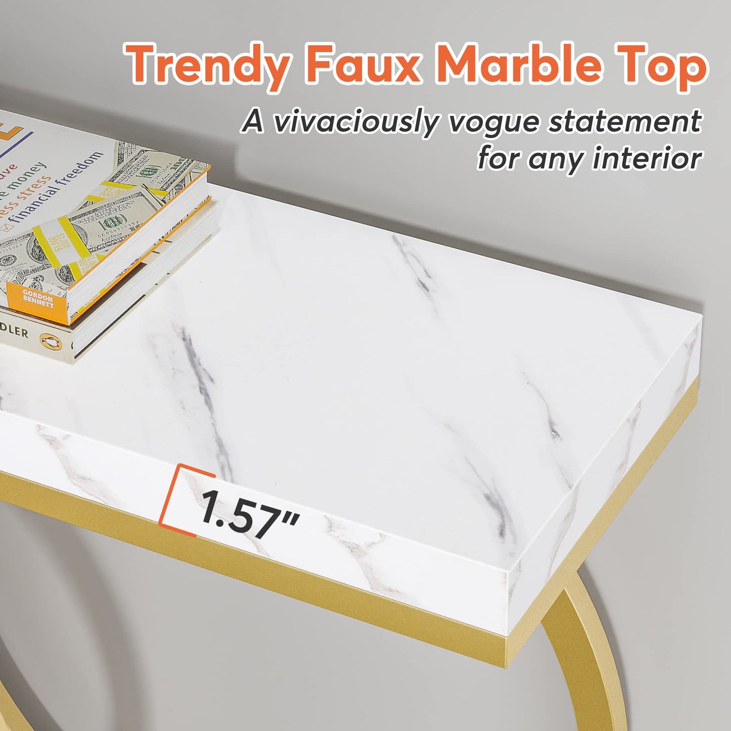 Tribesigns Gold Console Table, 55 inch Modern Entryway Table with Geometric Metal Frame, Faux Marble Narrow Long Sofa Table for Living Room, Entrance, Hallway, White and Gold
