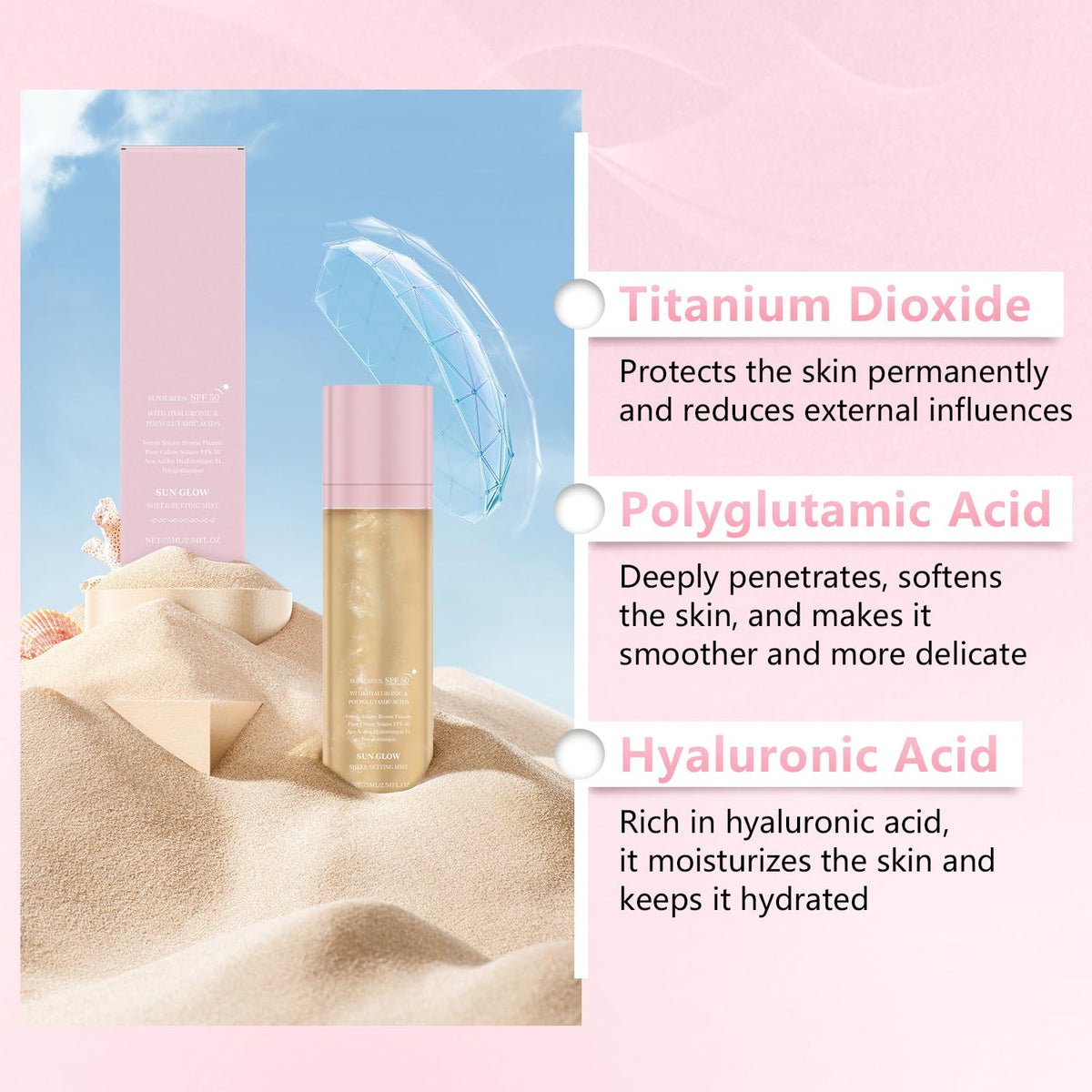 2PCS Sunglaze Sheer Setting Mist Sunscreen SPF 50, Broad Spectrum Shimmering Body Oil Mist, Non-Greasy, Fast-absorbing for Face