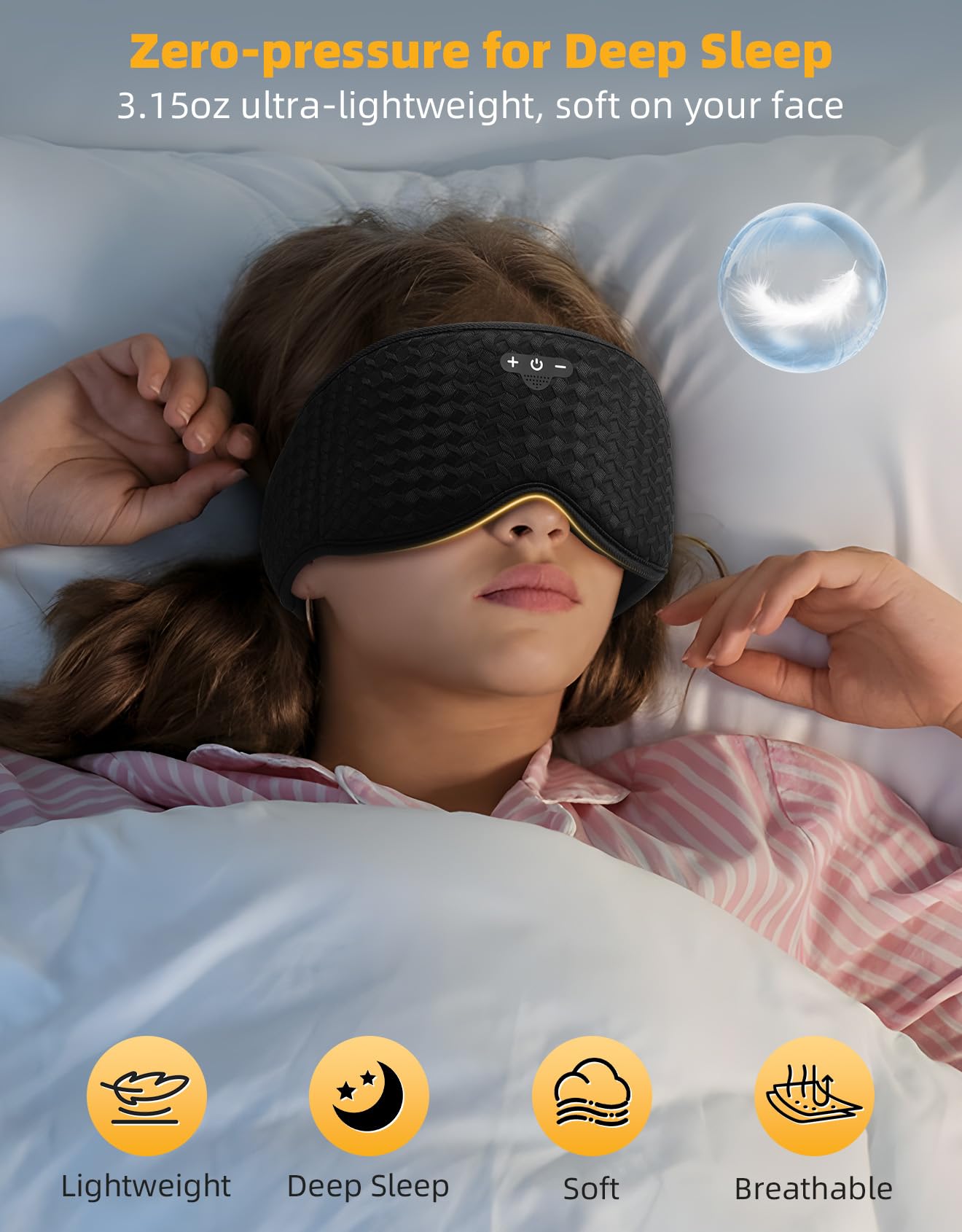 Mixiba 3D Contoured Sleep Mask with Bluetooth Headphones, Adjustable Blackout Sleeping Mask, Easy Installation Sleeping Headphones with Ultra-Thin Stereo Speakers for Men, Women - Black