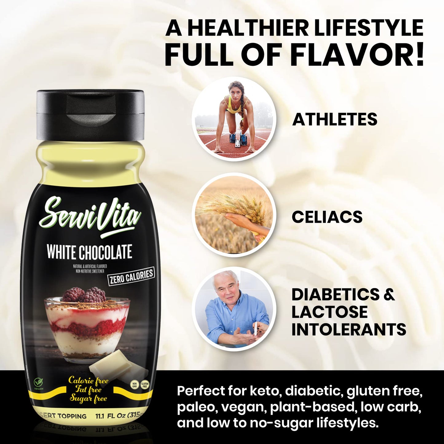 Sugar Free WHITE CHOCOLATE Syrup Zero Calories and Fat Free Topping, 11.1 FL OZ - No Sugar White Chocolate Syrup Dessert Topping Gluten-Free, Non-GMO, Vegan and Keto Friendly - ServiVita