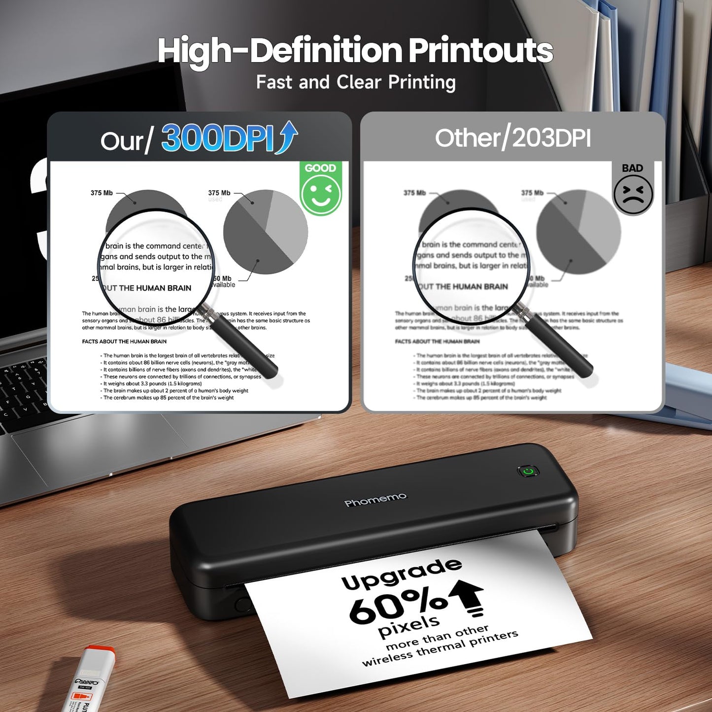 Phomemo Upgraded 300DPI Portable Printers Wireless for Travel, M834 Bluetooth Thermal Printer 8.5" x 11"& A4 Size,Inkless Mobile Printer with Carry Case for Travel,Office,School,Car,Home,Black