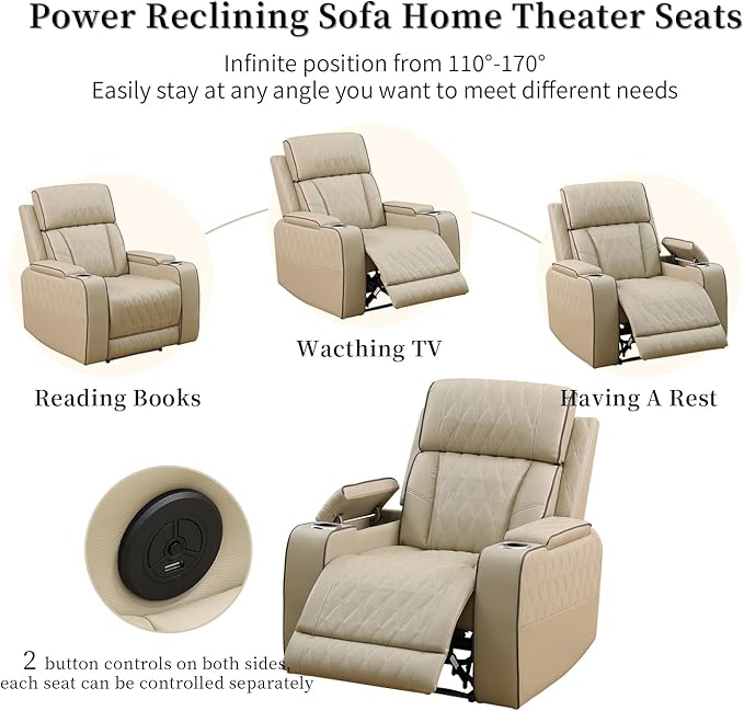 Caberryne Power Recliner Chair with LED Lights,Leather Reclining Couch with Storage Console/Arm Cup Holder for House/Home Theater/Small Space/Rv(Single Chair,Paddy)