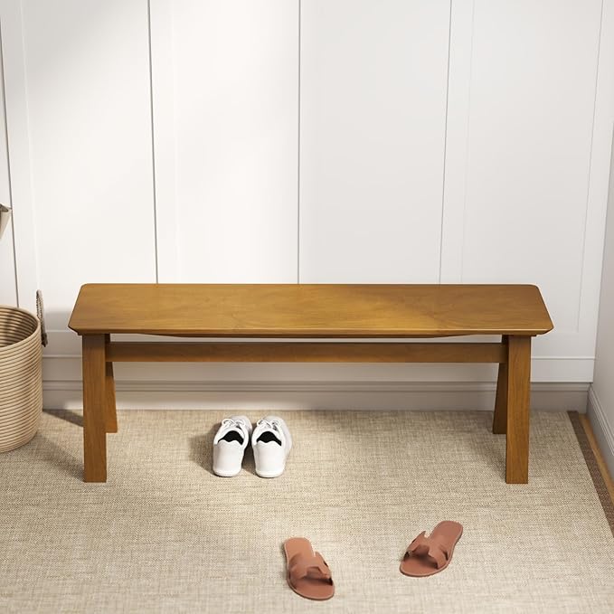 DUOMAY Solid Wood Long Dining Bench, 47" Wide Farmhouse Bench with A-Shaped Legs Mid Century Modern Entryway Bench Shoe Bench for Hallway End of Bed, Walnut Color
