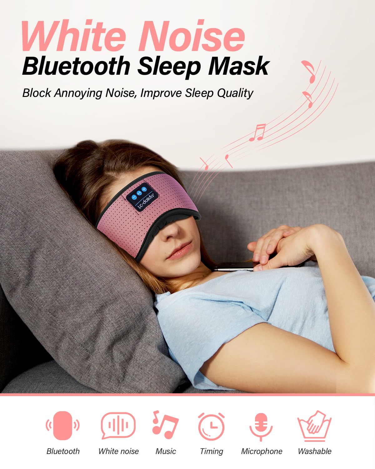 LC-dolida Sleep Headphones, White Noise Bluetooth Sleep Mask 3D Wireless Eye Mask Sleeping with Timing, Sleep Mask with Bluetooth Headphones for Side Sleepers Travel Yoga
