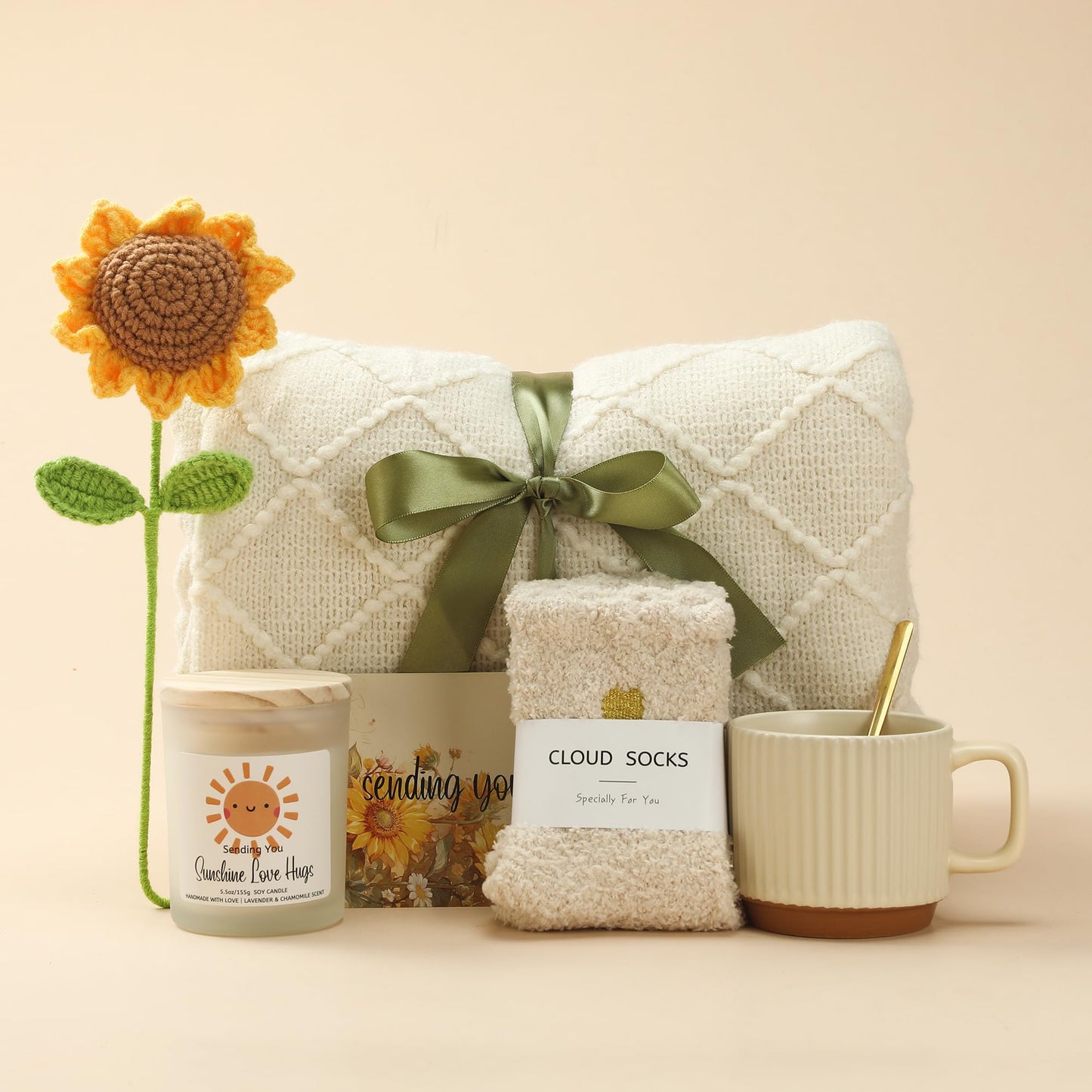 Self Care Gifts for Women - Luxury Package with 50"x70" Cozy Knitted Blanket, Fuzzy Socks, Soy Candle, Sunflower Decor | Birthday, Thinking of You, Get Well Gifts | Mom, Girlfriend, Best Friend