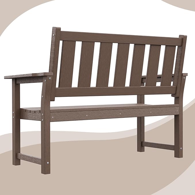 ACUEL HDPE Outdoor Bench – 50'' Weatherproof Durable Garden Bench, 2-Person Park Bench, Multi-Purpose Design Ideal for Porch, Patio, Church, and School (Brown)