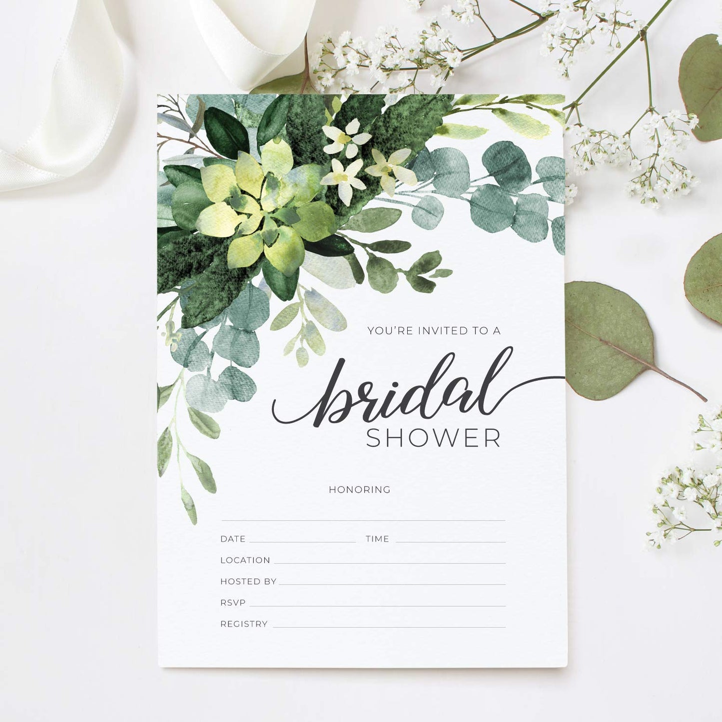 Lush Greenery Fill In The Blank Bridal Shower Invitation / 25 Floral Bridal Shower Invitations With Envelopes / 5" x 7" Bride To Be Flat Invite Cards/Made In The USA
