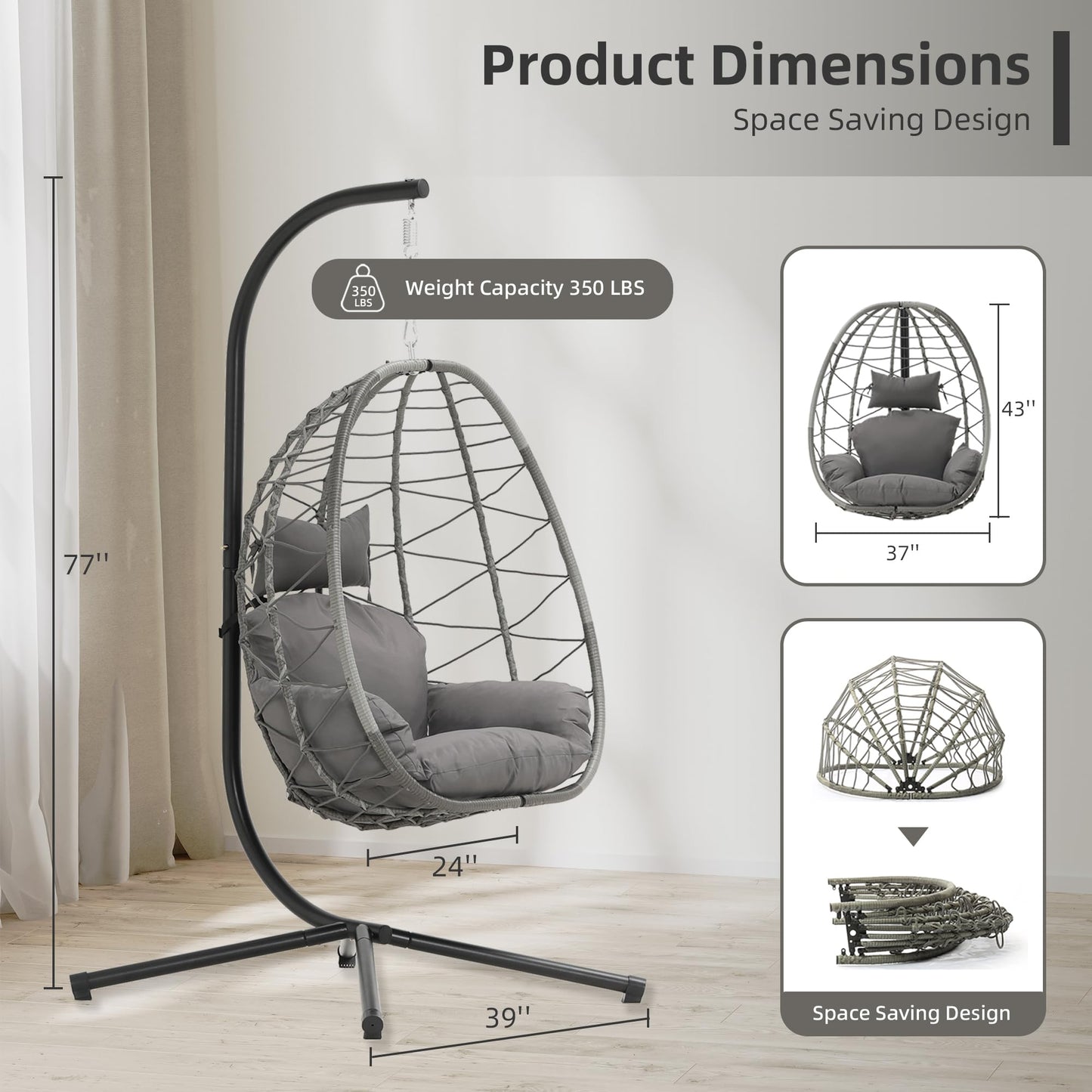 DoubleTT Egg Chair with Stand, Swing Chair Hanging Chair Nest Basket, UV Resistant Removable & Washable Cushions,350LBS Capacity for Bedroom, Balcony, Garden(GR-GR)