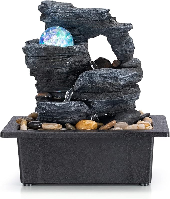 Amootek Tabletop Fountain Rotating Ball Rock Waterfall Fountain Office Includes Many Natural River Rocks Decorated with Co...