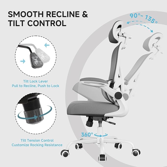 PKPT Ergonomic Office Chair, 330LBS Desk Chair with 3-Level Lumbar Support & Headrest, Breathable Mesh Backrest, Flip-Up Armrests for Home Office and Gaming, White and Gray