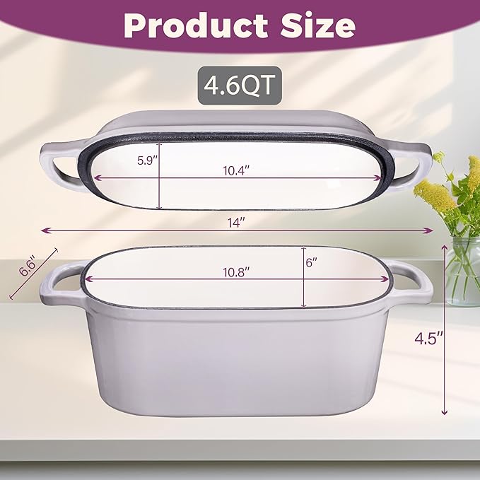 4.6-Quart Oval Dutch Oven for Bread Baking, 2 in 1 Enameled Cast Iron Bread Pan with Lid, Sourdough Bread Dutch Oven for a Crispy Crust, Oyster Grey