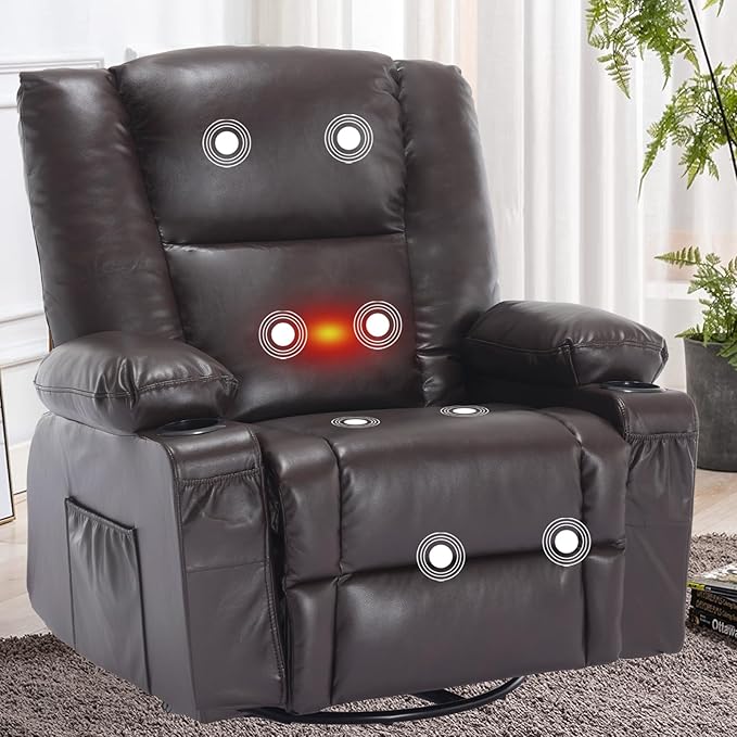 Massage Swivel Rocker Recliner with Heat, Brethable Leather Rocking Recliners Chair for Living Room, Modern Manual Recliner with Cup Holders, Overstuffed Single Sofa Chairs for Adults, Red Brown