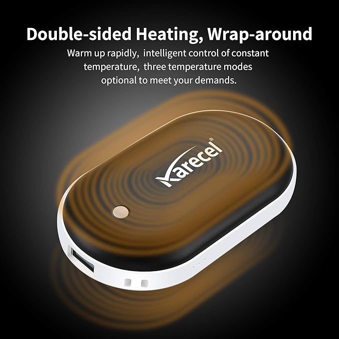 Karecel Hand Warmers Rechargeable 2 Pack, 10400mAh Double-Sided Heat Electric Handwarmers Powerbank, 4-inch Full-Surface Heat, Portable Camping Hand Warmers, Men Gifts for Christmas, Winter Essentials