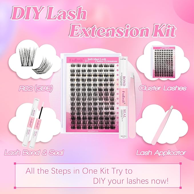 FADLASH Lash Extension Kit, FADLASH DIY Individual Lashes Clusters Kit with 3D Lash Clusters Lash Bond and Seal and Lash Tweezers for DIY Eyelash Extension Easy to Apply at Home(R02-07-D-10-18MIX）
